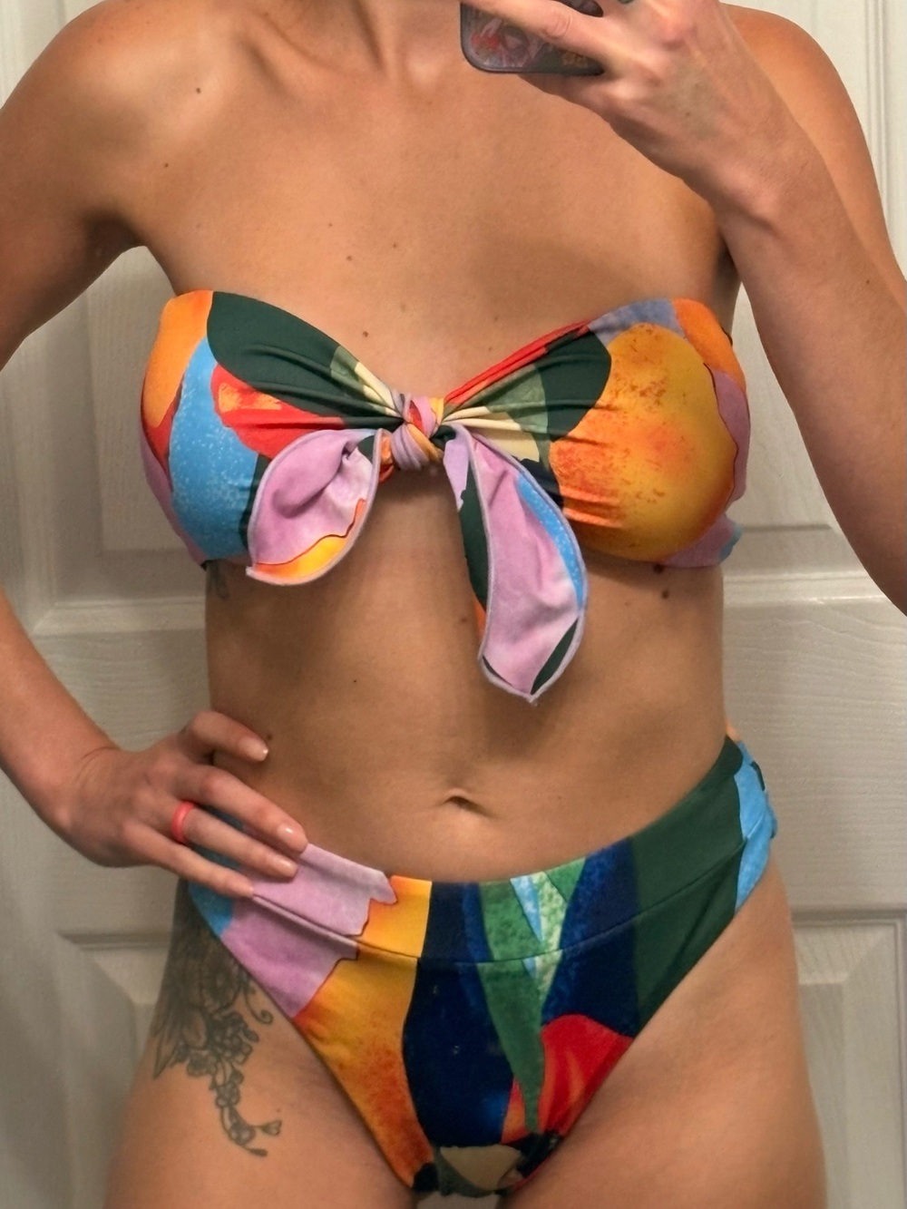 Colorful Tie-Front Bandeau Bikini Set
